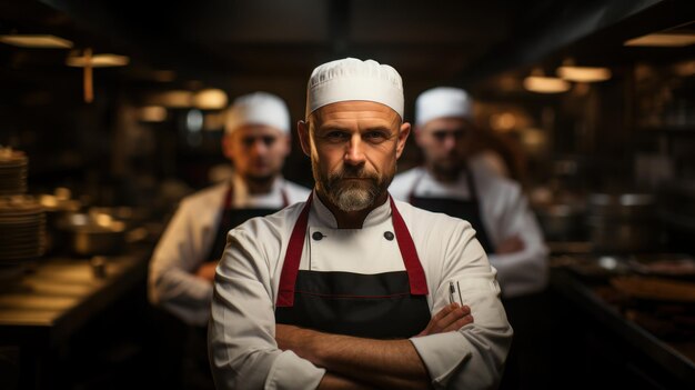 El chef en la cocina mirando a la cámara con un equipo detrás