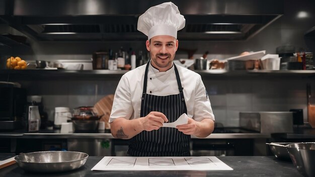 Chef en la cocina mostrando una plantilla de papel
