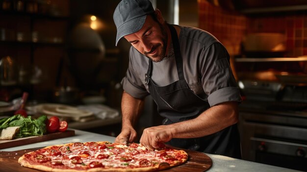 El chef cocina pizza en el horno.