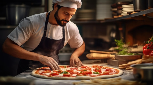 El chef cocina pizza italiana en la cocina.