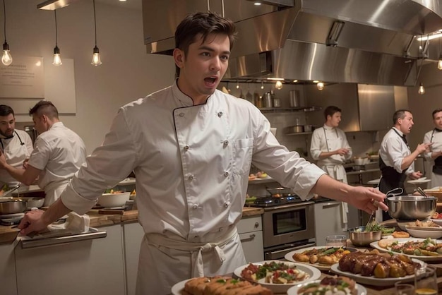 Un chef en una cocina con un plato de comida encima.