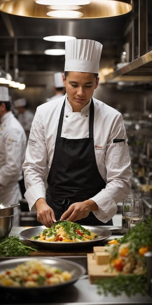 un chef en una cocina con un plato de comida