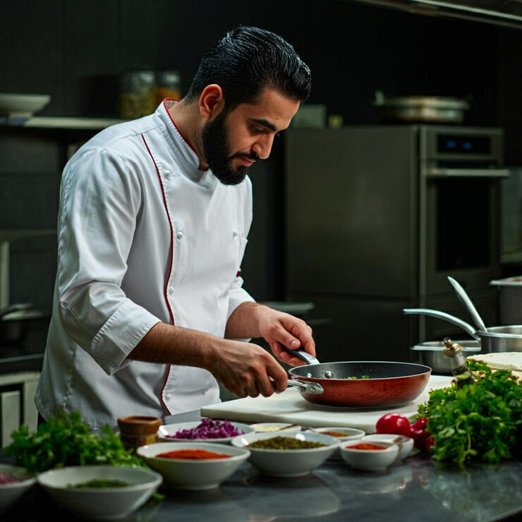 un chef en una cocina preparando comida con un cuchillo