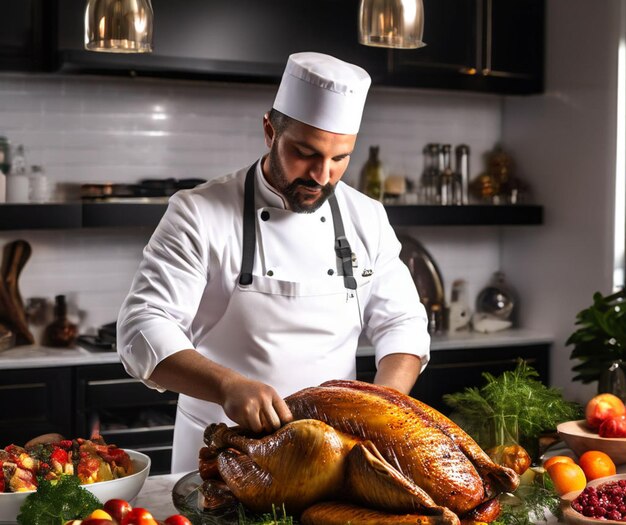 El chef en la cocina preparando pavo.