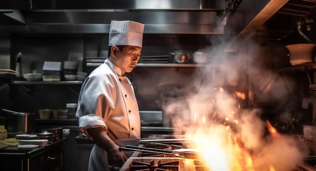 Chef en la cocina de un restaurante asiático con llamas y humo en la estufa