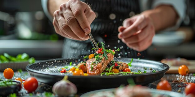 Foto chef en la cocina de un restaurante preparando y decorando platos con verduras frescas