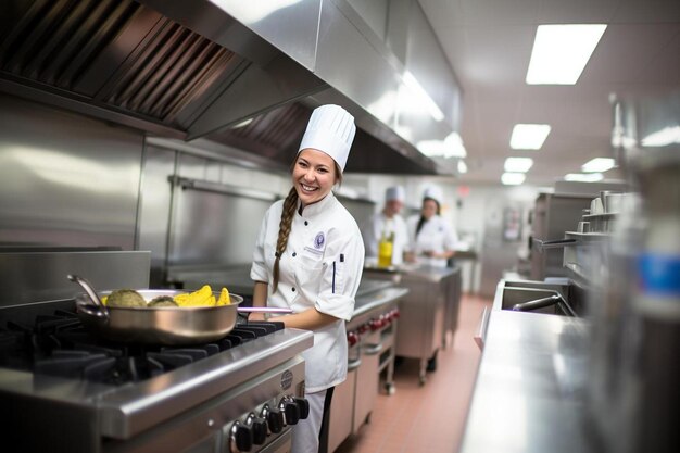 Foto un chef en una cocina con una sartén de comida delante de él