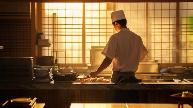 Foto chef en la cocina vista trasera creatividad y artesanía profesional