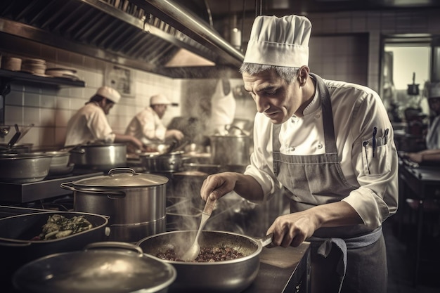 Un chef cocinando en una cocina con una cacerola de comida en el mostrador.