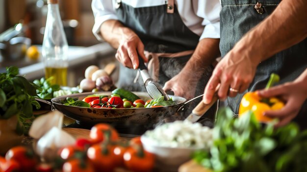 Foto un chef está cocinando en una cocina comercial está usando pinzas para freír verduras en una sartén también está cortando un pimienta