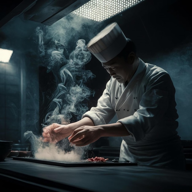 Foto un chef cocinando en una cocina con humo saliendo de la ventana