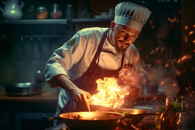 Un chef cocinando en la cocina.