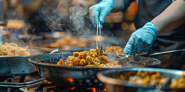 Foto chef cocinando comida china en una cocina de un restaurante concepto de cocina asiática