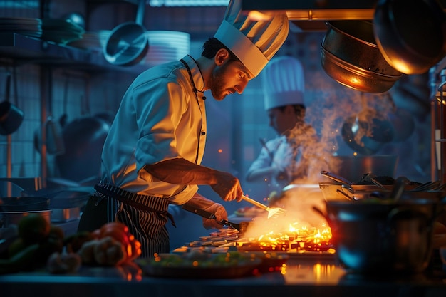 Foto un chef cocinando comida en una cocina con una olla grande de comida