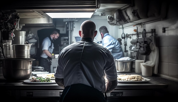 Chef cocinando comida en la cocina de un restaurante comercial de diseño moderno con IA generativa