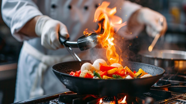 un chef cocinando comida en un fuego con una espátula