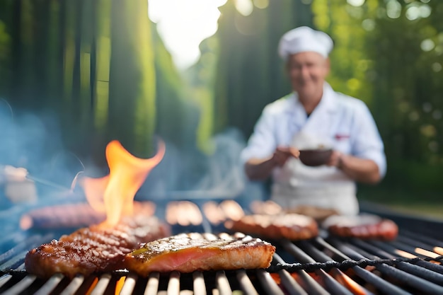 chef cocinando comida en una parrilla con un gorro de chef.