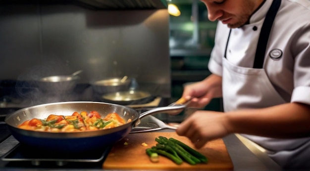 Foto chef cocinando comida en el restaurante chef preparando comida primer plano del chef en la cocina