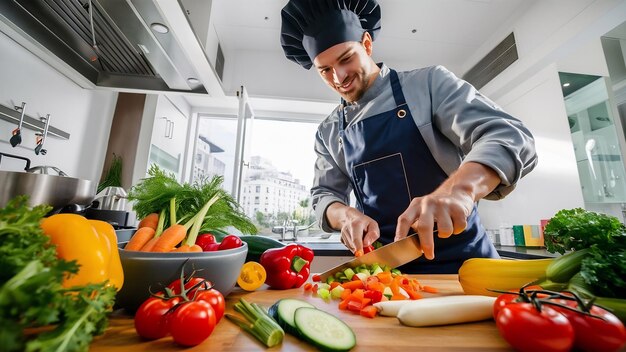El chef cocinando ensalada de verduras frescas en su cocina