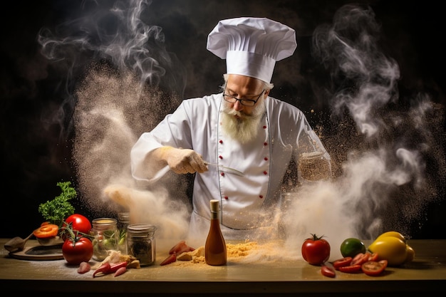 El chef cocinando espagueti en la cocina.