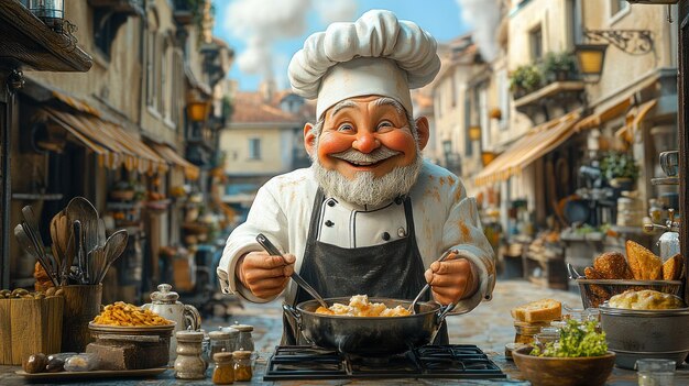 Chef cocinando felizmente en un encantador mercado callejero