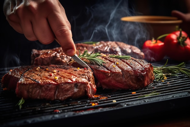 Chef cocinando un filete de carne a la parrilla con especias y romero