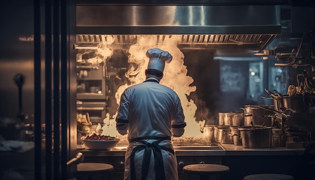 Chef cocinando en una gran cocina de restaurante con llamas y fuego IA generativa