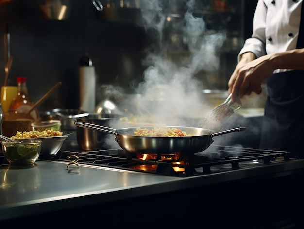 Chef cocinando con gusto en la cocina de un hotel o restaurante