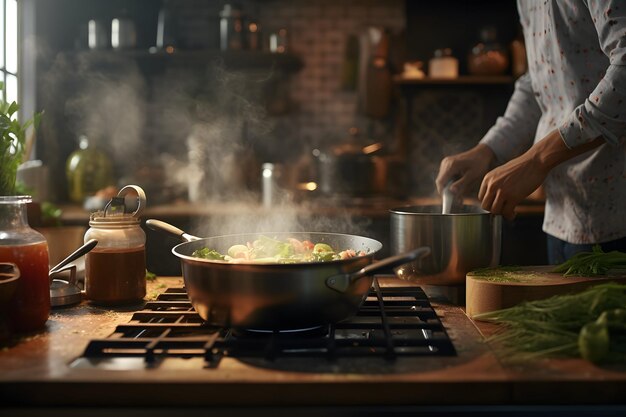 Chef cocinando en una olla en una estufa