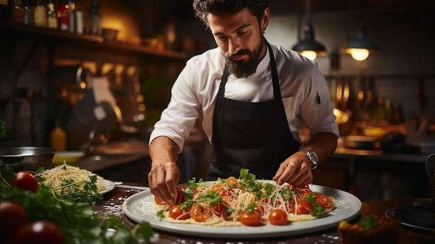 chef cocinando pasta fresca de Bolognese con salsa de tomate