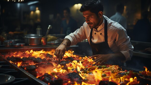 Chef cocinando pollo en la parrilla en la cocina de un restaurante