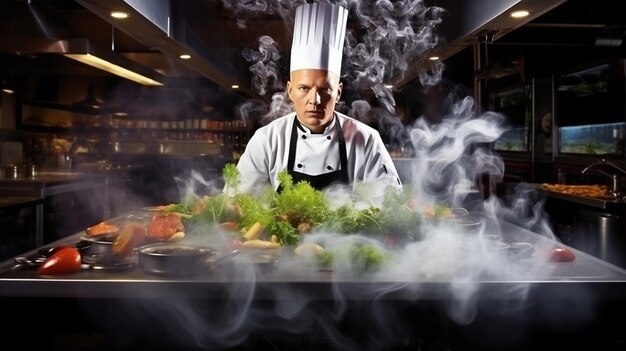 Foto un chef está cocinando en un restaurante con humo saliendo del fondo