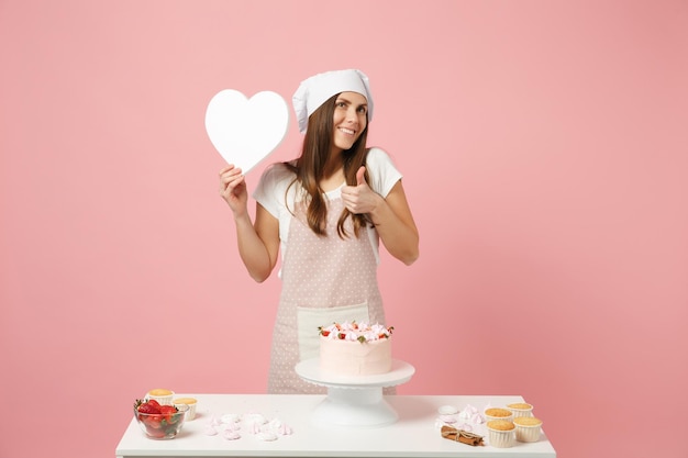 Chef cocinero repostero o panadero con delantal camiseta blanca, sombrero de chef toque pastel de cocina o cupcake en la mesa como corazón aislado en un fondo rosa pastel en el estudio. Simule el concepto de comida en el espacio de copia.