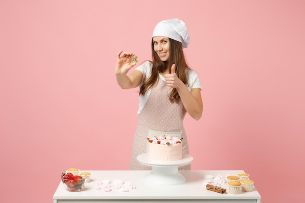 Chef cocinero repostero o panadero en delantal camiseta blanca, toque chefs hat cocinar pastel o cupcake en la mesa sostener moneda bitcoin aislada sobre fondo rosa pastel en estudio. Concepto de comida de espacio de copia simulada