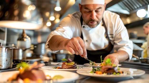 Un chef colocando cuidadosamente un plato en la cocina de un restaurante