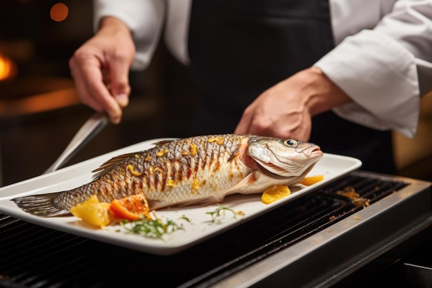 Chef colocando peixe grelhado em um prato