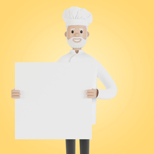 Foto chef com um banner em suas mãos ilustração 3d em estilo cartoon