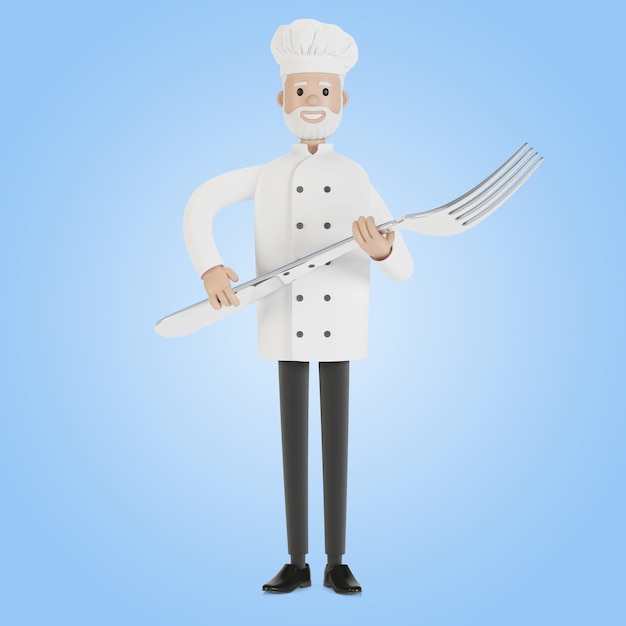 Chef com um garfo grande. Ilustração 3D em estilo cartoon.