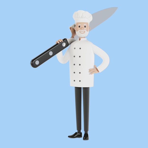 Chef com uma faca grande. Ilustração 3D em estilo cartoon.