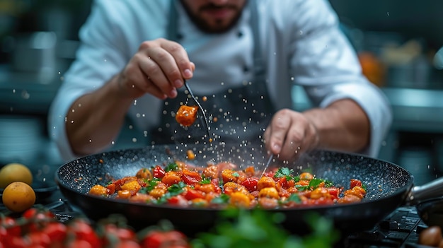 Foto chef condimentando o prato com precisão