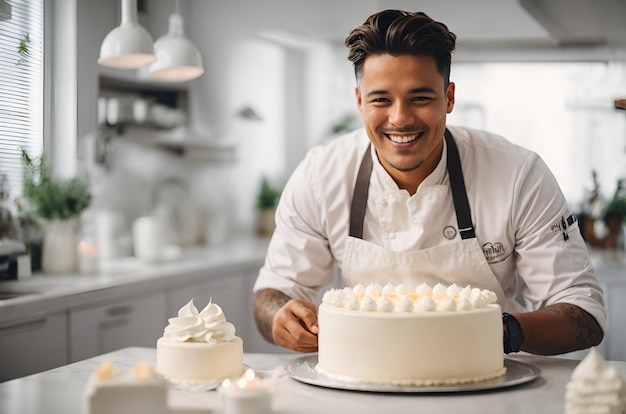 Chef confeiteiro sorridente decorando um bolo branco em uma cozinha moderna