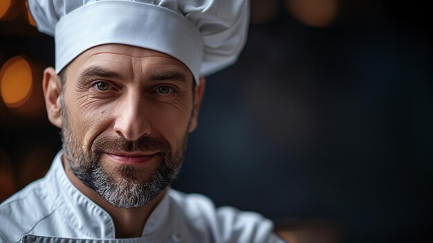 Chef confiado en uniforme blanco posando con una sonrisa de IA generativa