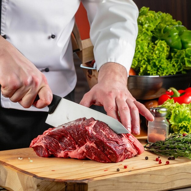 Chef corta carne em bifes em uma prancha de madeira. Diferentes tipos de carne estão em tábuas de madeira