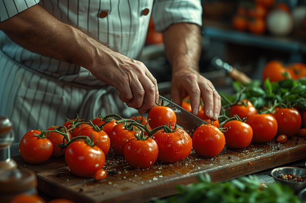 El chef corta hábilmente tomates en una tabla de madera rodeado de verduras frescas en la encimera