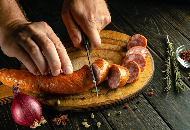 Foto el chef corta una salchicha de carne de ternera con un cuchillo en una tabla de corte de madera el concepto de preparar deliciosos sándwiches para el desayuno en la mesa de la cocina