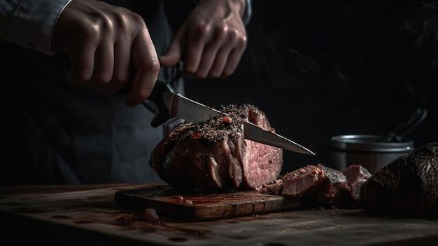 Un chef corta un trozo de carne con un cuchillo de chef.