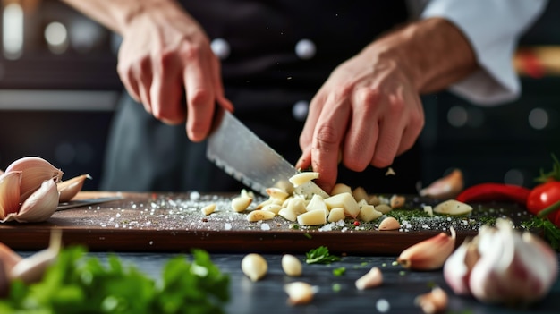 Un chef cortando ajo en una tabla de madera