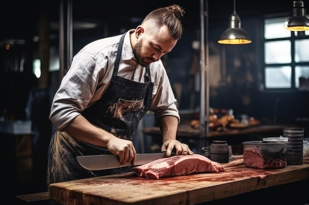 Foto chef cortando carne en una tabla de madera en la cocina de un restaurante un carnicero afilando un cuchillo de carne grande ai generado