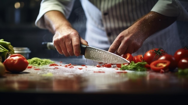 Chef cortando legumes na prancha de corte com faca ai