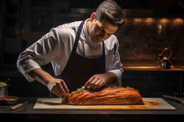 chef cortando un trozo de carne con un cuchillo delante de él